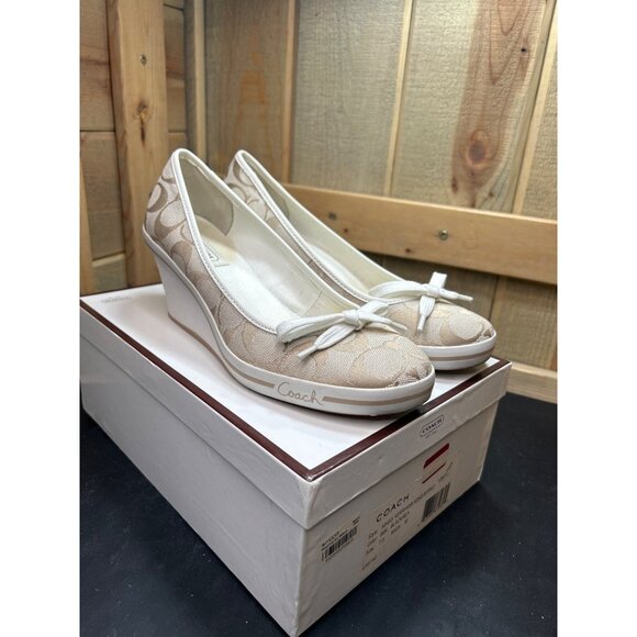 Coach Diaz Beige Monogram Canvas Wedge Shoes 7.5M With Bow Detail - Picture 1 of 9